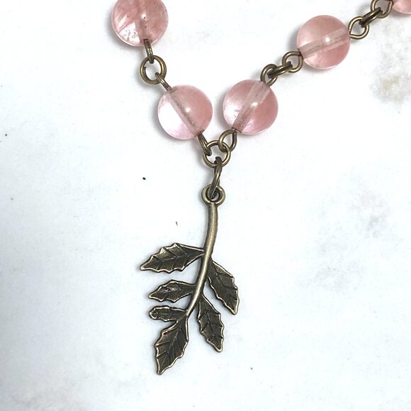 Cute Cherry Quartz Bronze Leaf Branch Pendant Adjustable Choker - Picture 4 of 16
